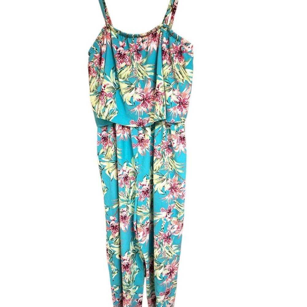 Time and Tru Teal Floral Romper Removable Spaghetti Strap Wide Leg Cottagecore